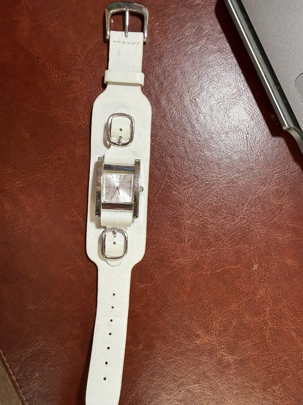 Vintage Guess Women’s Silver Square Cuff Watch White Leather Y2K
